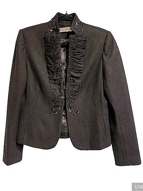 Edina Ronay UK 10 US 6 Black Wool Silk Ruffle Sequin Evening Jacket